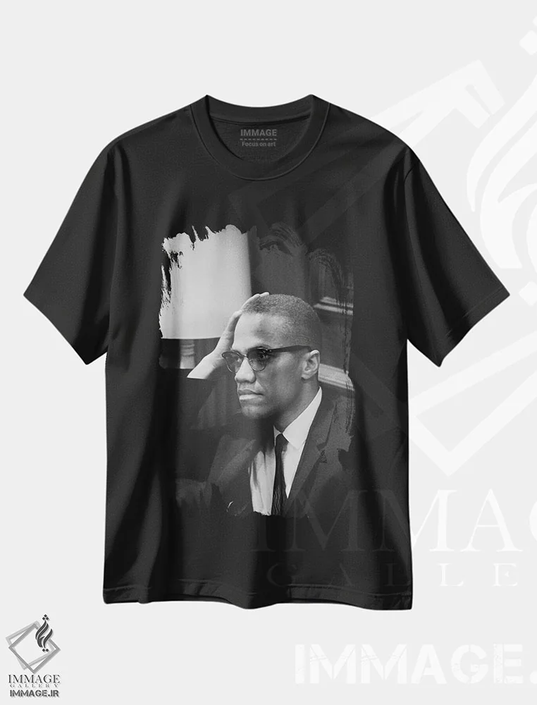 تیشرت مشکی طرح دار مالکوم ایکس، تزئینی اثر ماریون تریکوسکو | فروشگاه ایماژ
