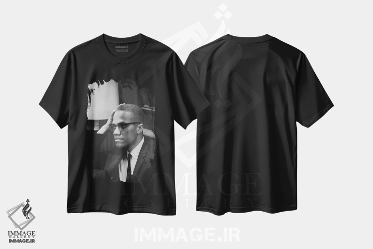 تیشرت مشکی طرح دار مالکوم ایکس، تزئینی اثر ماریون تریکوسکو | فروشگاه ایماژ