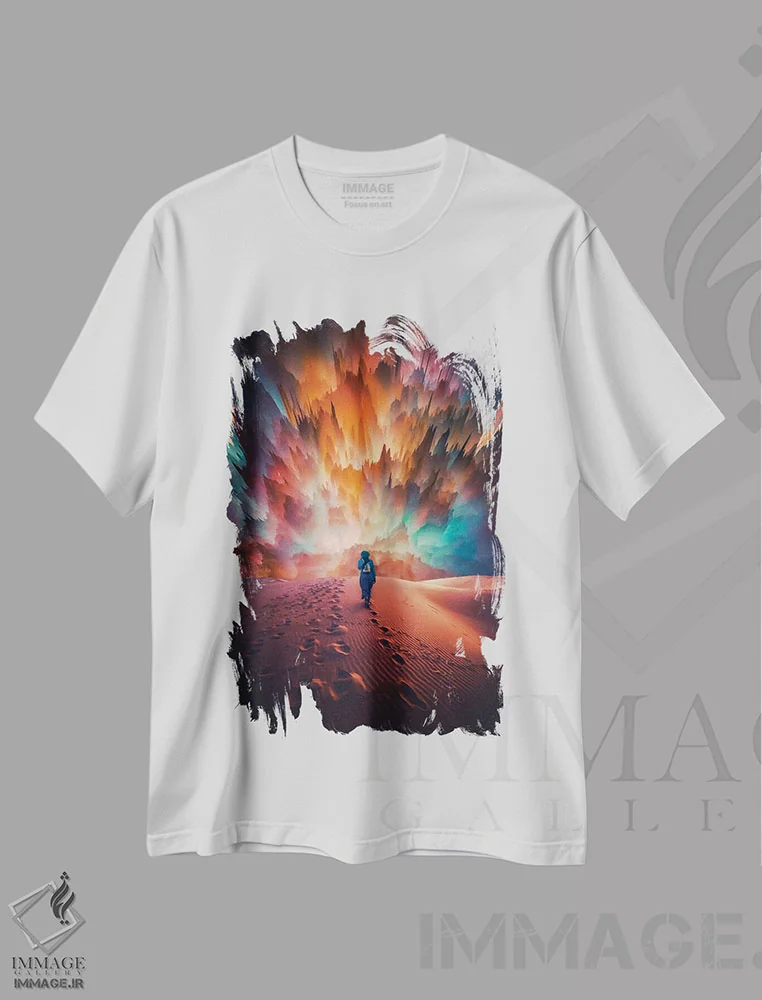تیشرت سفید طرح دار توآرگ و انفجار صحرایی، عکاسی ترکیبی اثر جن زد | فروشگاه ایماژ