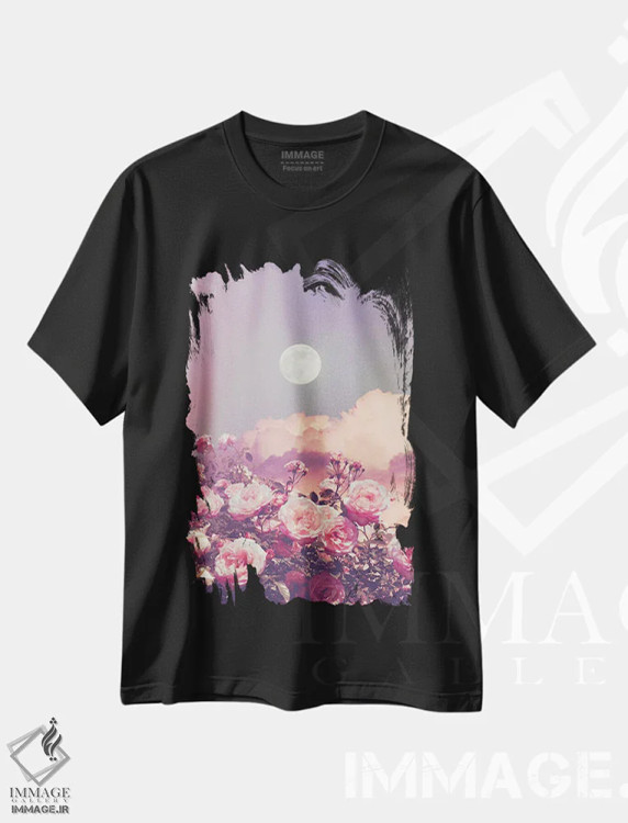 تیشرت مشکی طرح دار ابرهای رز زیبا و ماه کامل، عکاسی ترکیبی اثر جن زد | فروشگاه ایماژ