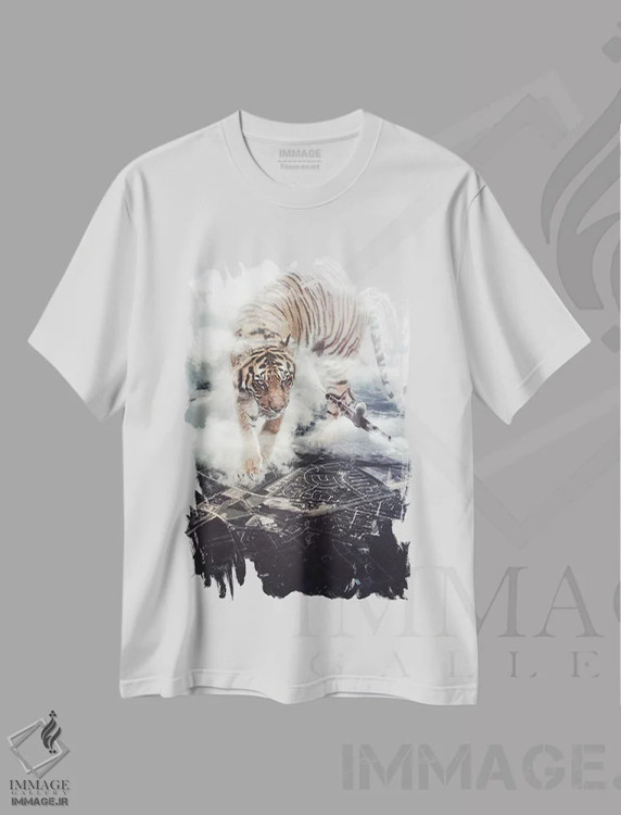 تیشرت سفید طرح دار ببر غول آسا می خواهد با هواپیما بازی کند، عکاسی ترکیبی اثر جن زد | فروشگاه ایماژ