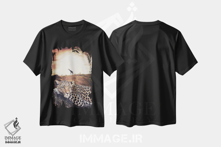 تیشرت مشکی طرح دار پلنگ خالدار و زرافه در سافاری حیات وحش، عکاسی ترکیبی اثر جن زد | فروشگاه ایماژ