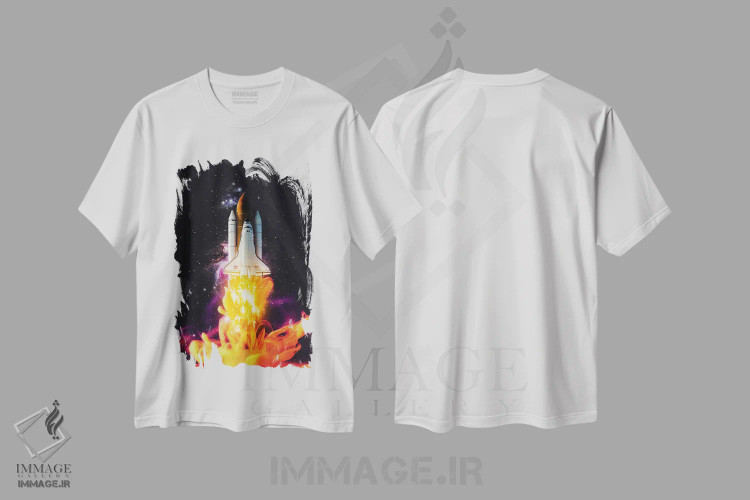 تیشرت سفید طرح دار پرتاب شاتل با جوهر زرد به سوی فضا، عکاسی ترکیبی اثر جن زد | فروشگاه ایماژ