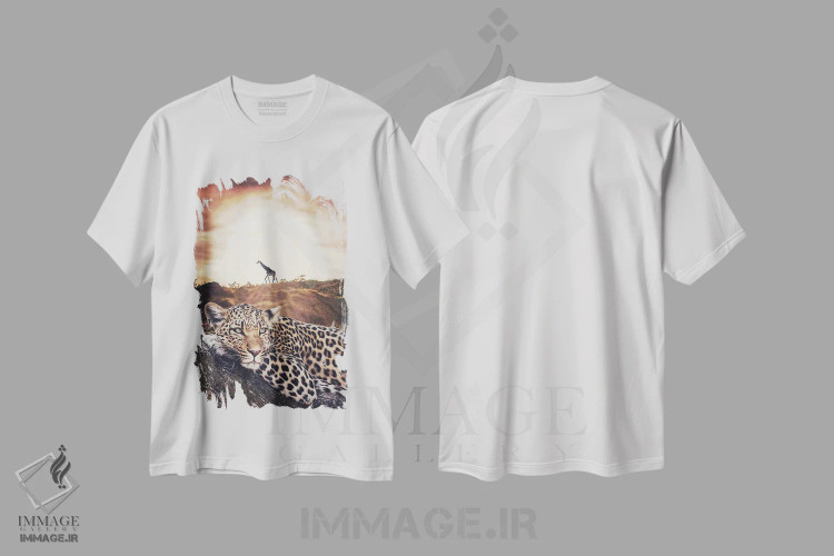 تیشرت سفید طرح دار پلنگ خالدار و زرافه در سافاری حیات وحش، عکاسی ترکیبی اثر جن زد | immage.ir