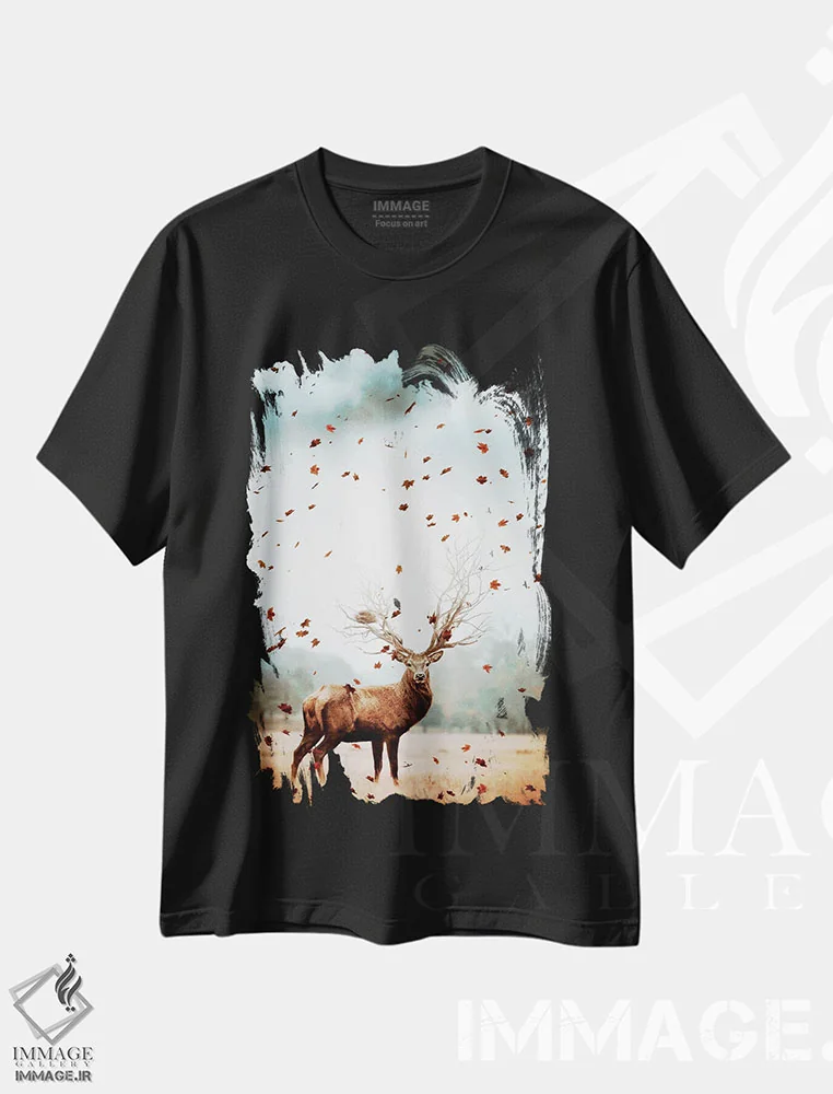 تیشرت مشکی طرح دار شاه گوزن جنگل و برگ های پرنده، عکاسی ترکیبی اثر جن زد | فروشگاه ایماژ