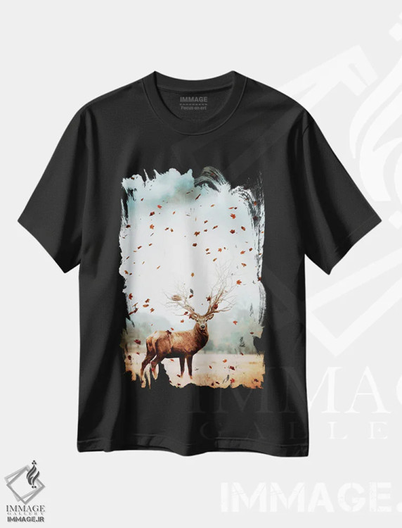تیشرت مشکی طرح دار شاه گوزن جنگل و برگ های پرنده، عکاسی ترکیبی اثر جن زد | فروشگاه ایماژ