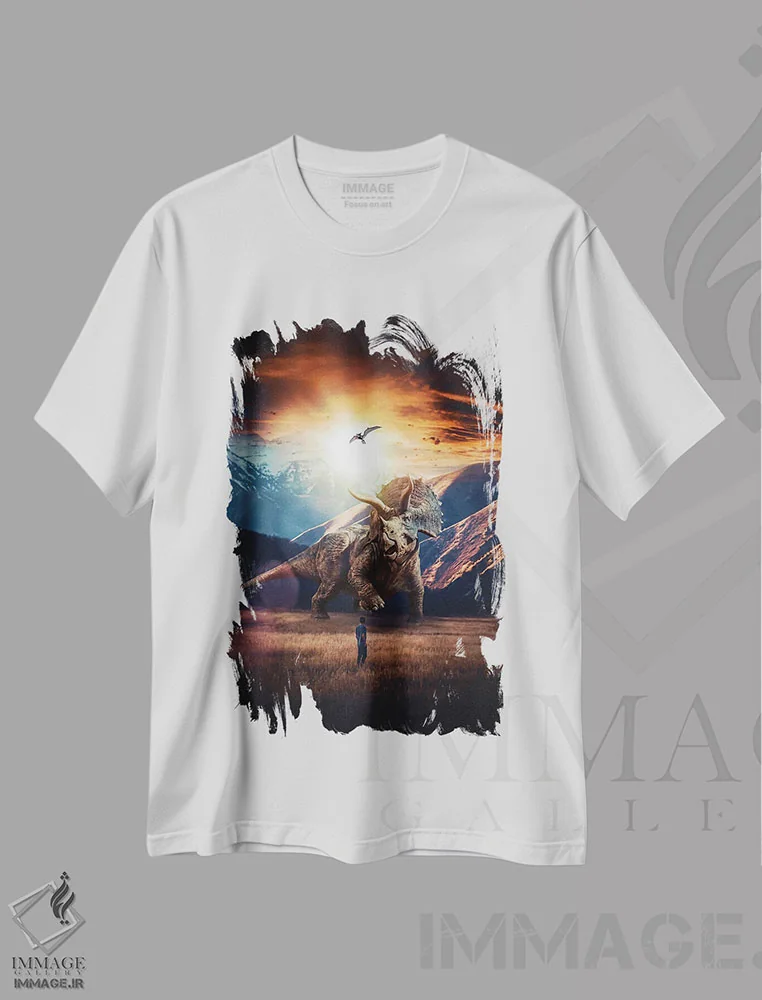 تیشرت سفید طرح دار برخورد با تریسراتوپس ژوراسیک، عکاسی ترکیبی اثر جن زد | immage.ir