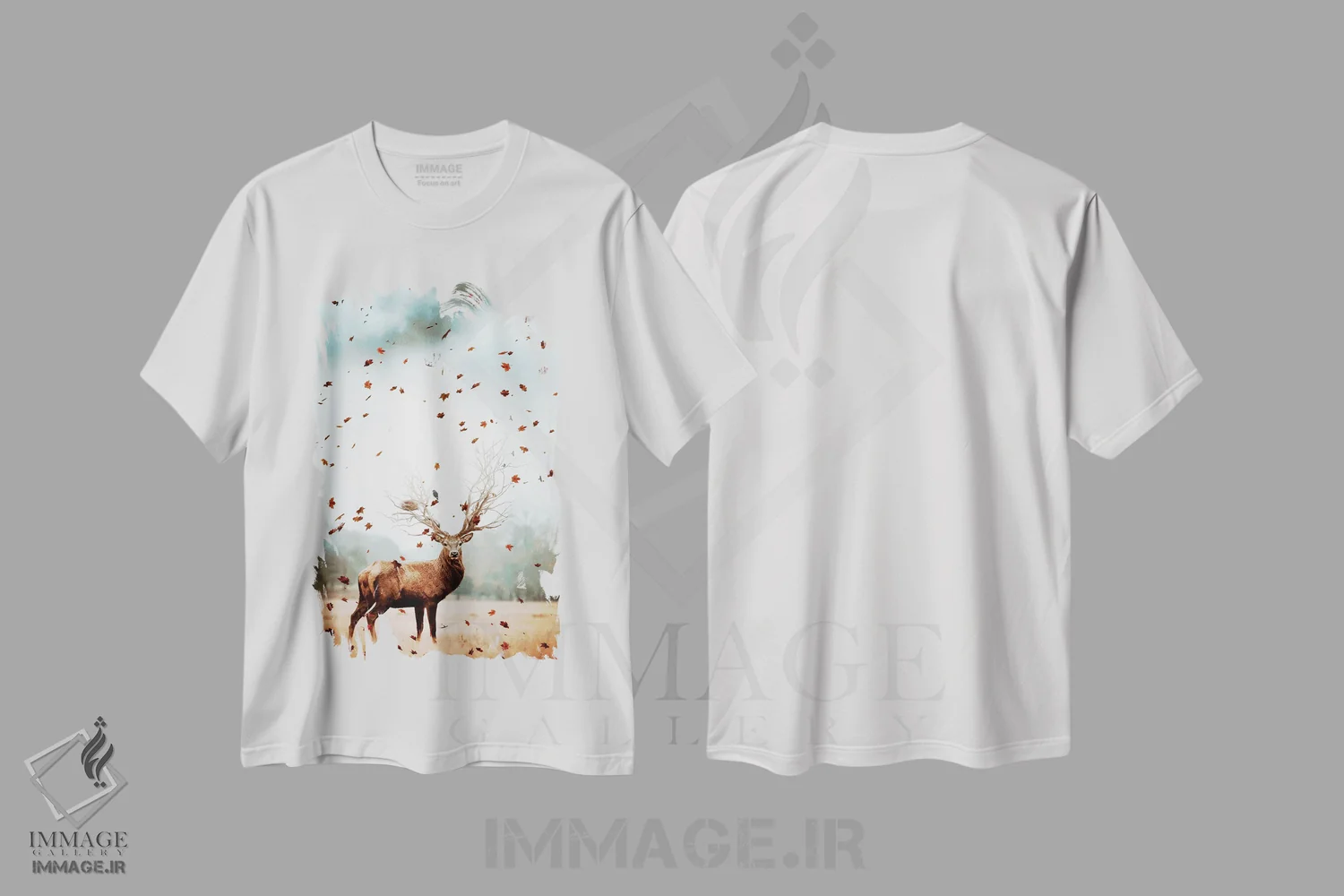 تیشرت سفید طرح دار شاه گوزن جنگل و برگ های پرنده، عکاسی ترکیبی اثر جن زد | immage.ir