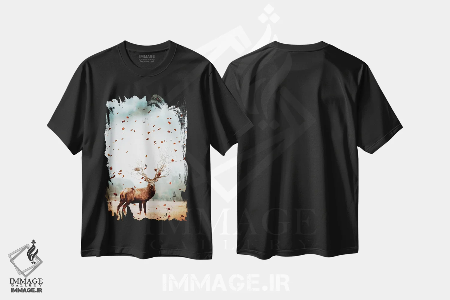 تیشرت مشکی طرح دار شاه گوزن جنگل و برگ های پرنده، عکاسی ترکیبی اثر جن زد | فروشگاه ایماژ