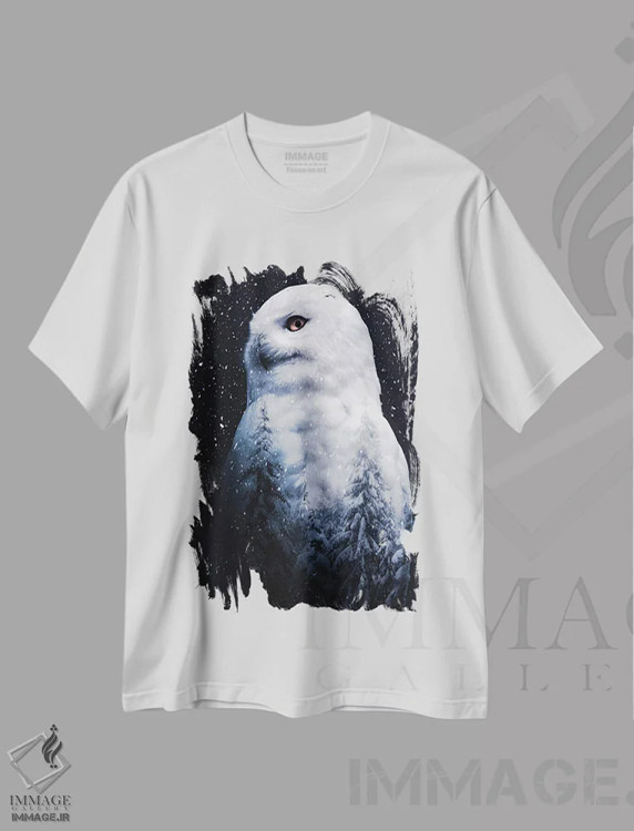 تیشرت سفید طرح دار نمای دوگانه جغد برفی، عکاسی ترکیبی اثر جن زد | فروشگاه ایماژ
