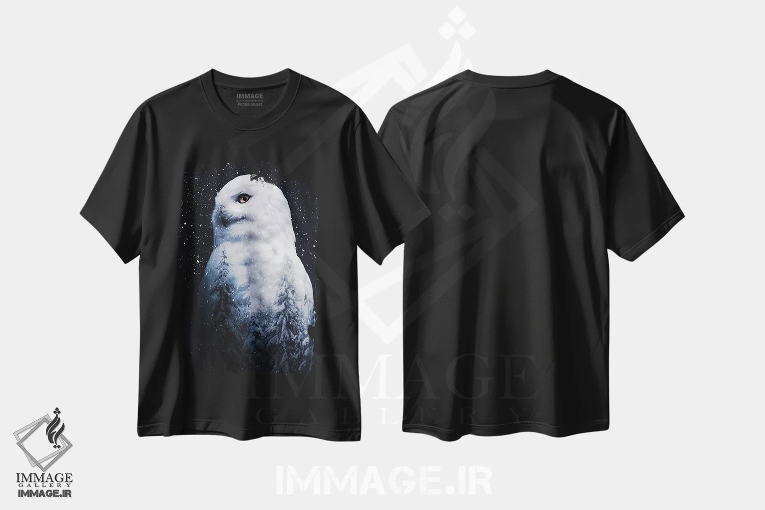تیشرت مشکی طرح دار نمای دوگانه جغد برفی، عکاسی ترکیبی اثر جن زد | immage.ir