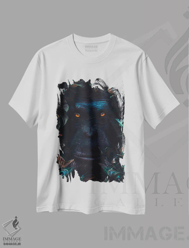 تیشرت سفید طرح دار پرتره میمون و پر طاووس، عکاسی ترکیبی اثر جن زد | فروشگاه ایماژ