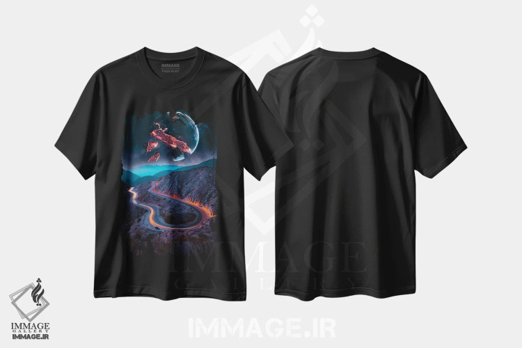 تیشرت مشکی طرح دار انفجار سیاره بر فراز جاده، عکاسی ترکیبی اثر جن زد | فروشگاه ایماژ