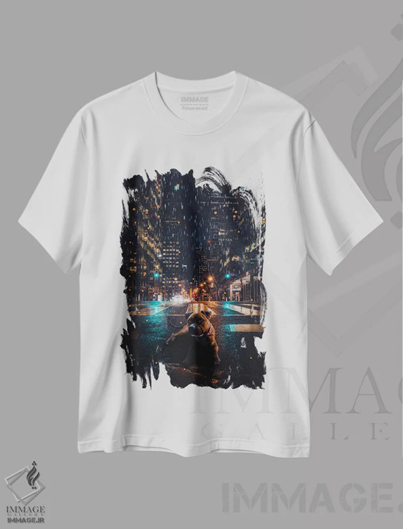 تیشرت سفید طرح دار شب بارانی، سگ، خیابان شهر، عکاسی ترکیبی اثر جن زد | immage.ir