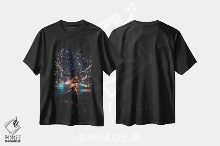 تیشرت مشکی طرح دار شب بارانی، سگ، خیابان شهر، عکاسی ترکیبی اثر جن زد | فروشگاه ایماژ