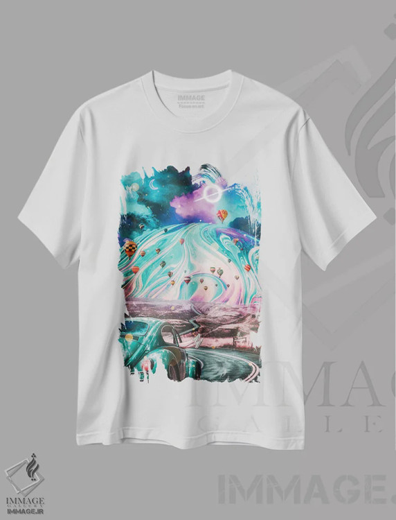 تیشرت سفید طرح دار جاده حباب صابونی رترو و سیاه چاله، عکاسی ترکیبی اثر جن زد | فروشگاه ایماژ