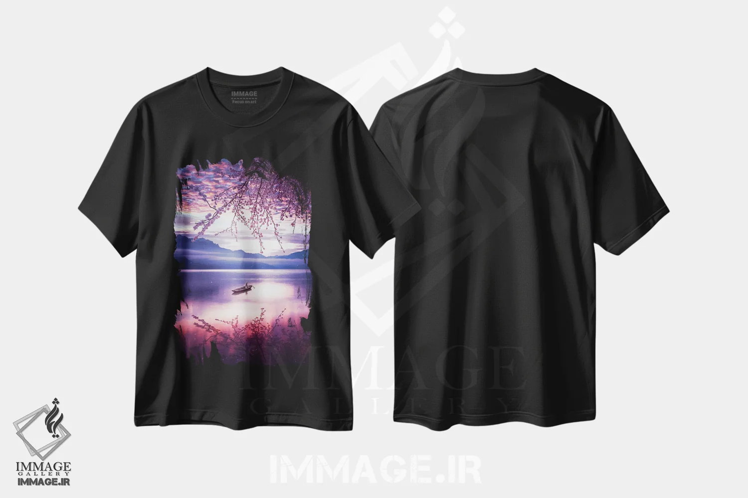 تیشرت مشکی طرح دار انعکاس دریاچه، شکوفه گیلاس ژاپنی و قایق، عکاسی ترکیبی اثر جن زد | فروشگاه ایماژ