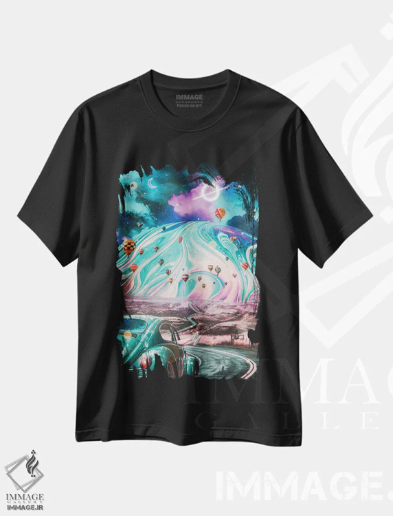 تیشرت مشکی طرح دار جاده حباب صابونی رترو و سیاه چاله، عکاسی ترکیبی اثر جن زد | immage.ir