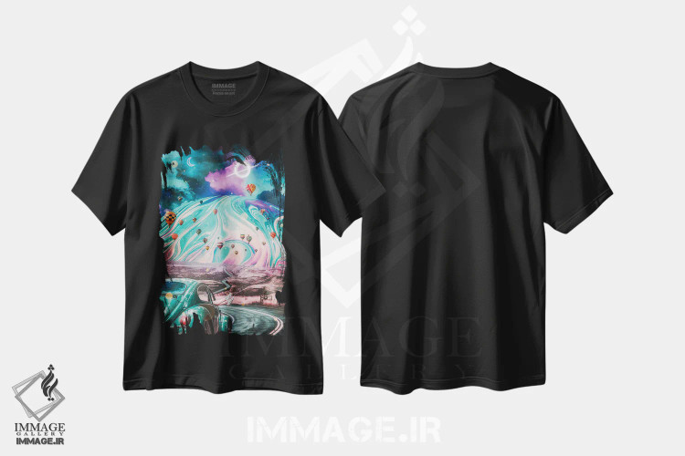 تیشرت مشکی طرح دار جاده حباب صابونی رترو و سیاه چاله، عکاسی ترکیبی اثر جن زد | immage.ir