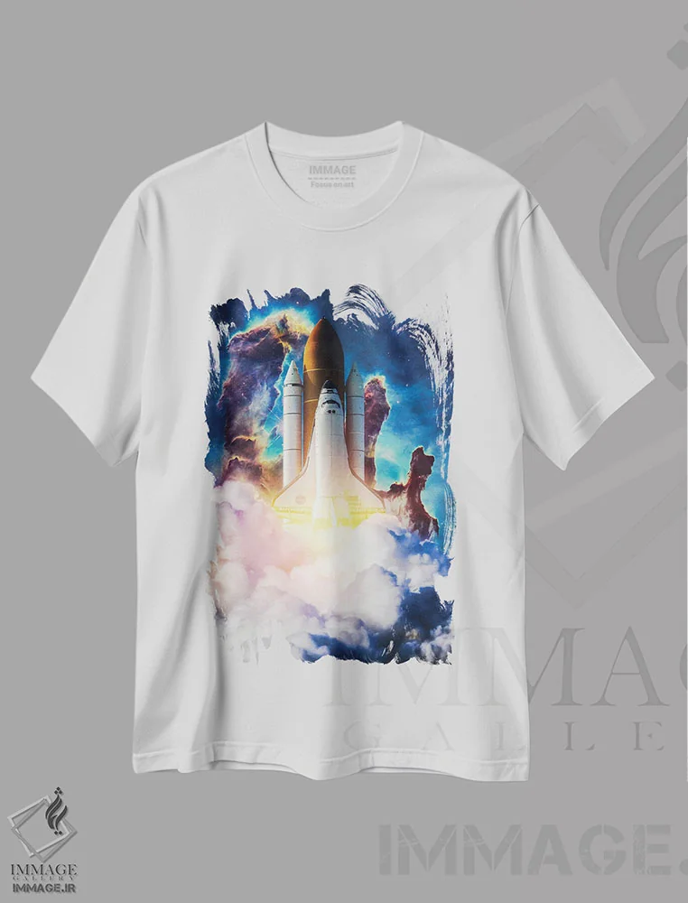تیشرت سفید طرح دار پرتاب موشک ابرآفرین به سوی جهان، عکاسی ترکیبی اثر جن زد | فروشگاه ایماژ