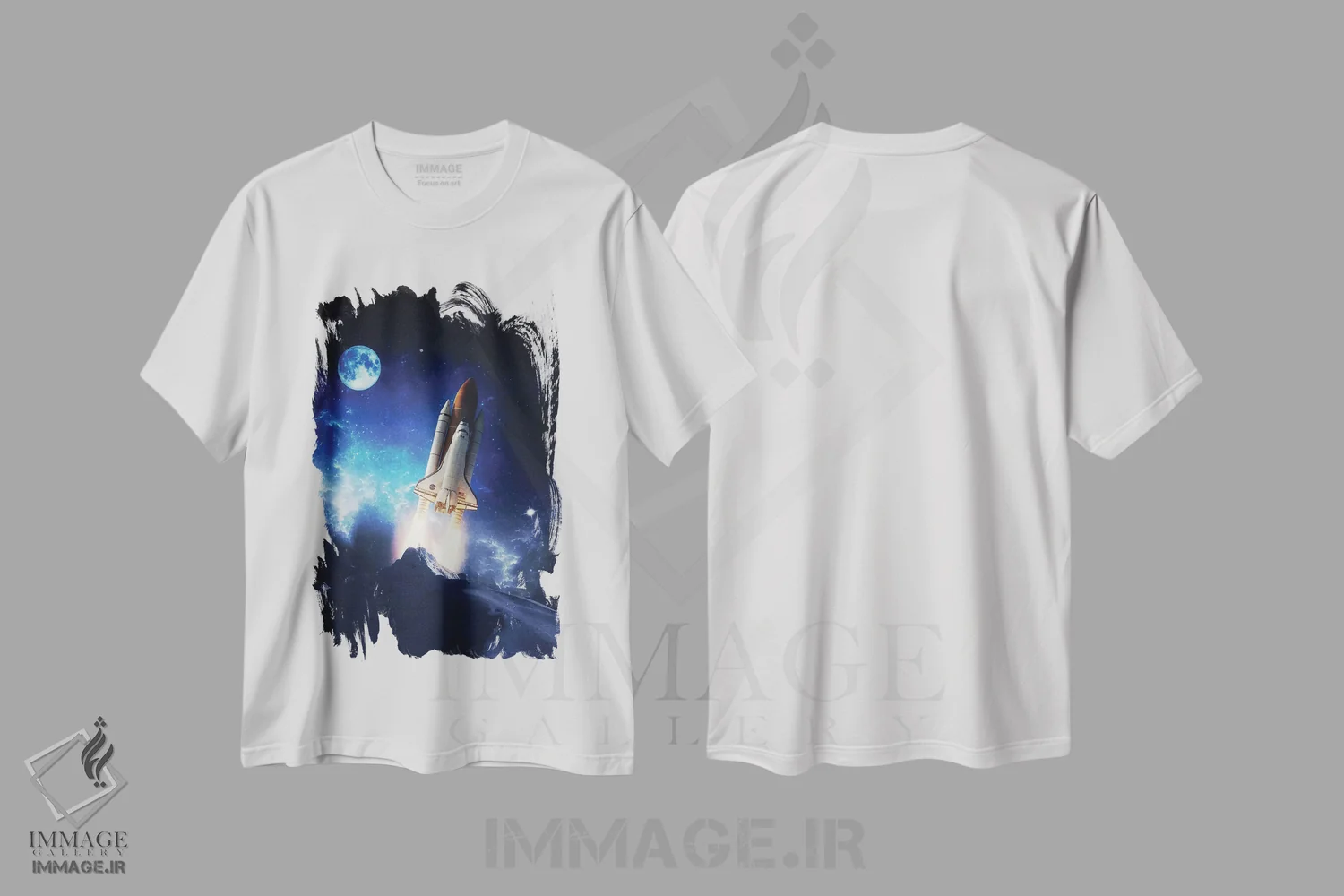 تیشرت سفید طرح دار پرتاب موشک کوهستان مخفی در مقابل ماه کامل، عکاسی ترکیبی اثر جن زد | فروشگاه ایماژ
