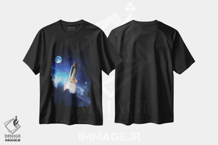 تیشرت مشکی طرح دار پرتاب موشک کوهستان مخفی در مقابل ماه کامل، عکاسی ترکیبی اثر جن زد | immage.ir