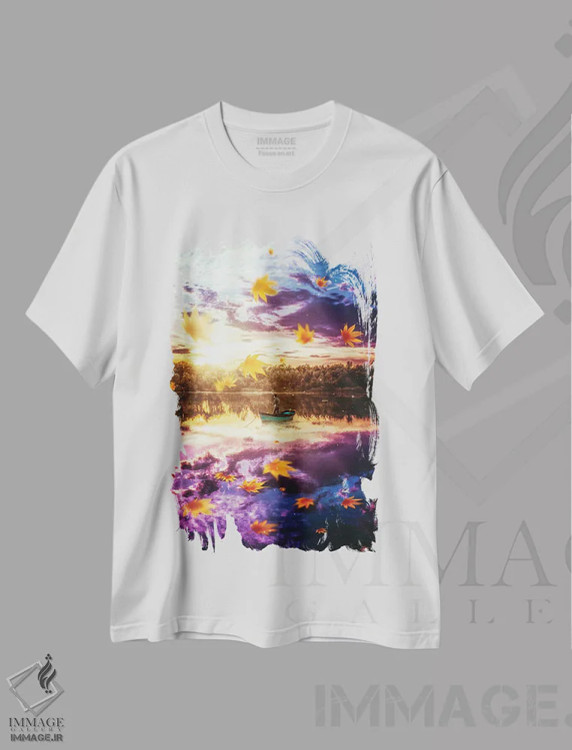 تیشرت سفید طرح دار ماهیگیر تنها در شب با برگ های نارنجی معلق، عکاسی ترکیبی اثر جن زد | فروشگاه ایماژ