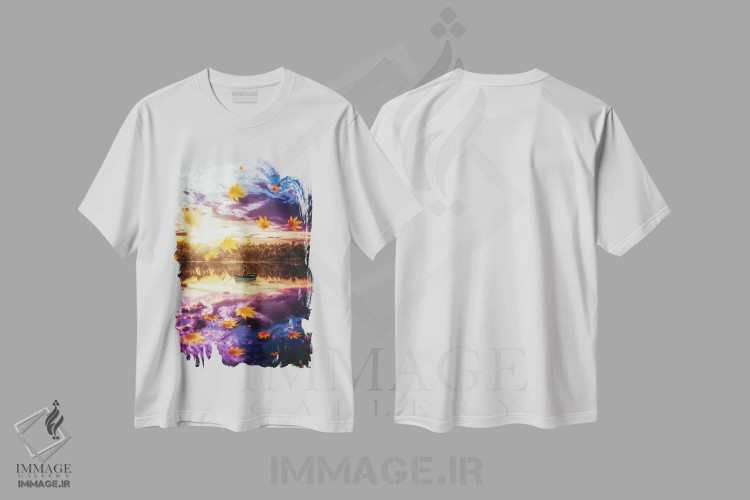تیشرت سفید طرح دار ماهیگیر تنها در شب با برگ های نارنجی معلق، عکاسی ترکیبی اثر جن زد | فروشگاه ایماژ