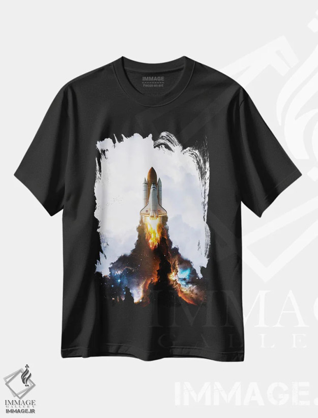 تیشرت مشکی طرح دار پرتاب موشک فضایی در میان ابرهای سفید، عکاسی ترکیبی اثر جن زد | فروشگاه ایماژ
