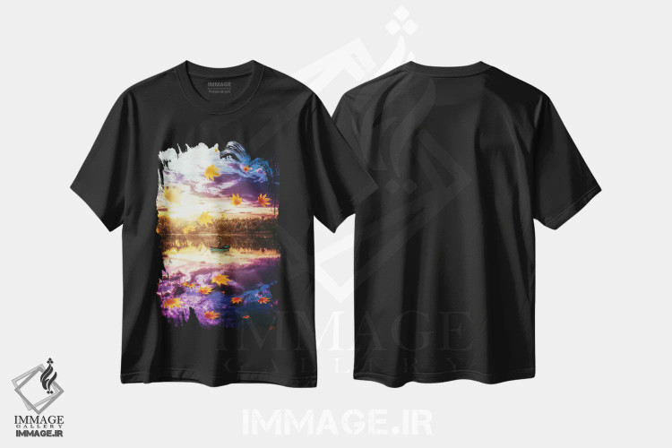 تیشرت مشکی طرح دار ماهیگیر تنها در شب با برگ های نارنجی معلق، عکاسی ترکیبی اثر جن زد | immage.ir