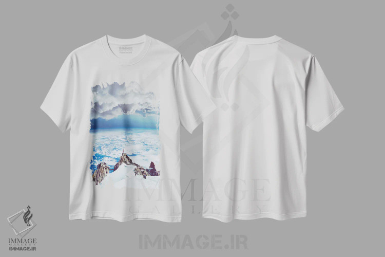 تیشرت سفید طرح دار ردپاهای کوهستان برفی فضایی، عکاسی ترکیبی اثر جن زد | فروشگاه ایماژ