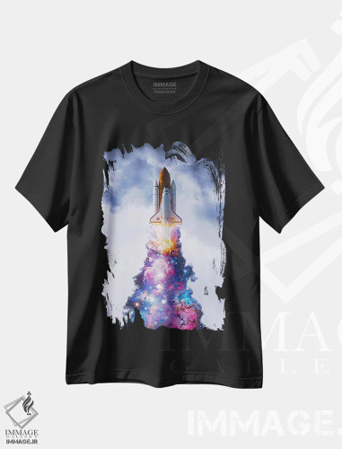 تیشرت مشکی طرح دار پرتاب سفینه فضایی با دود چندرنگ، عکاسی ترکیبی اثر جن زد | فروشگاه ایماژ