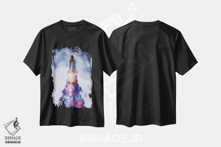 تیشرت مشکی طرح دار پرتاب سفینه فضایی با دود چندرنگ، عکاسی ترکیبی اثر جن زد | فروشگاه ایماژ