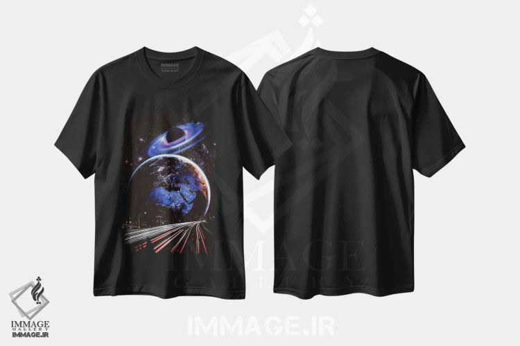تیشرت مشکی طرح دار نور سرعت به سوی جهان و سیاره زمین، عکاسی ترکیبی اثر جن زد | فروشگاه ایماژ