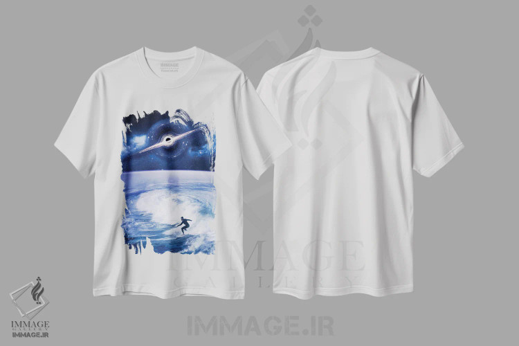 تیشرت سفید طرح دار موج سوار روی موج سیاره زمین و سیاه چاله، عکاسی ترکیبی اثر جن زد | immage.ir