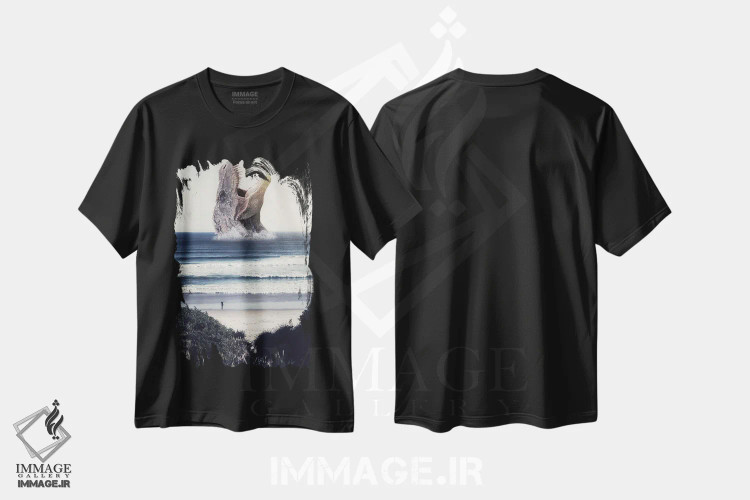تیشرت مشکی طرح دار موج سواری با دایناسور بزرگ در اقیانوس، عکاسی ترکیبی اثر جن زد | immage.ir