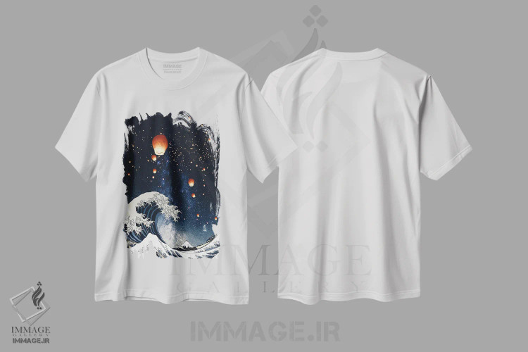 تیشرت سفید طرح دار موج بزرگ و فانوس های ژاپنی در آسمان شب، دکور آسیایی اثر جن زد | immage.ir