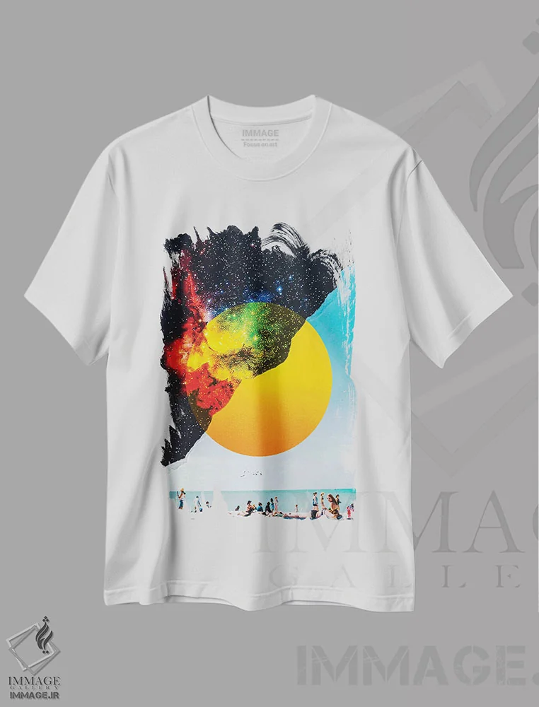 تیشرت سفید طرح دار ستاره خورشیدی و کاغذ پاره، عکاسی ترکیبی اثر جن زد | فروشگاه ایماژ