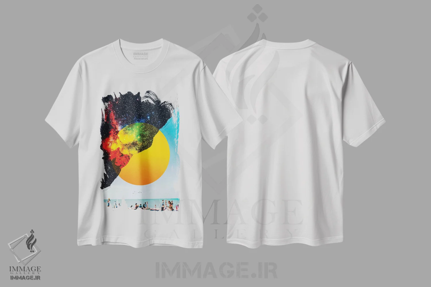 تیشرت سفید طرح دار ستاره خورشیدی و کاغذ پاره، عکاسی ترکیبی اثر جن زد | فروشگاه ایماژ