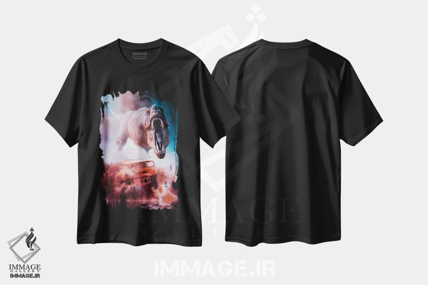 تیشرت مشکی طرح دار حمله ماشین تیرانوسوروس در بیابان، عکاسی ترکیبی اثر جن زد | فروشگاه ایماژ