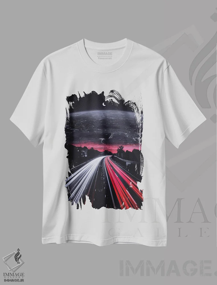 تیشرت سفید طرح دار جاده ترافیک به سمت آسمان و زمین، عکاسی ترکیبی اثر جن زد | فروشگاه ایماژ