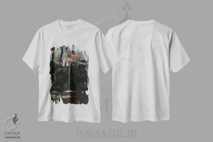 تیشرت سفید طرح دار ببر و آبشار با پرنده روبین در رودخانه، عکاسی ترکیبی اثر جن زد | فروشگاه ایماژ