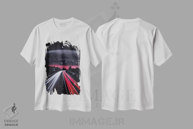 تیشرت سفید طرح دار جاده ترافیک به سمت آسمان و زمین، عکاسی ترکیبی اثر جن زد | فروشگاه ایماژ