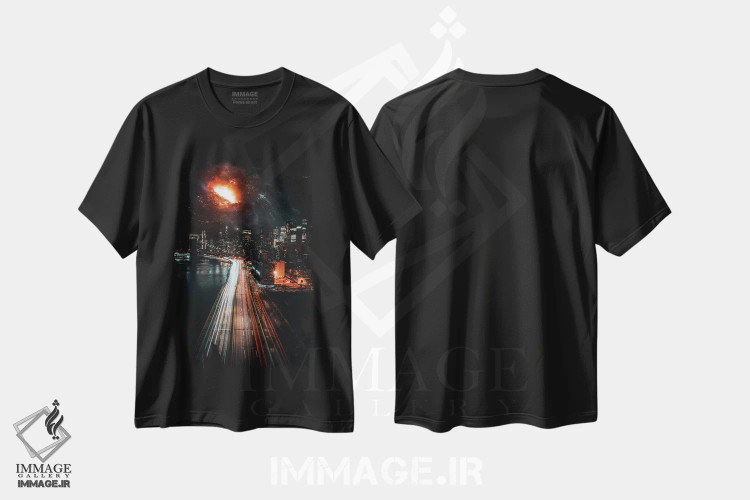 تیشرت مشکی طرح دار جاده ترافیک به سوی کهکشان سرخ، دکوراسیون جایگزین اثر جن زد | فروشگاه ایماژ