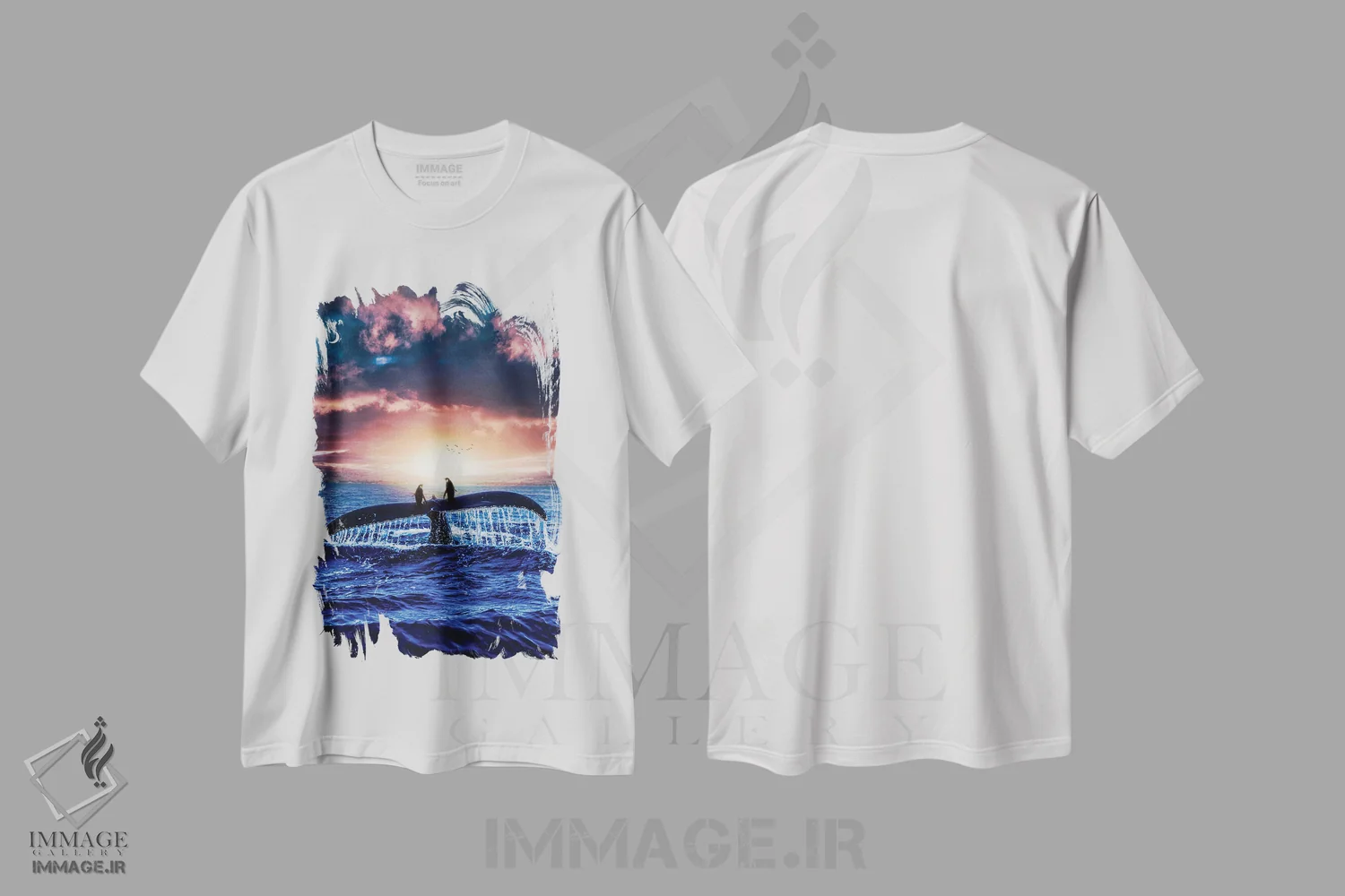 تیشرت سفید طرح دار سفر دو پنگوئن بر پشت یک نهنگ، عکاسی ترکیبی اثر جن زد | فروشگاه ایماژ