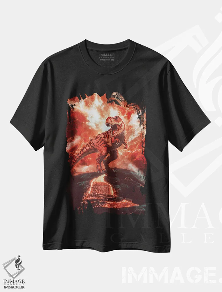 تیشرت مشکی طرح دار انفجار آتشفشانی و تیرکس، عکاسی ترکیبی اثر جن زد | فروشگاه ایماژ