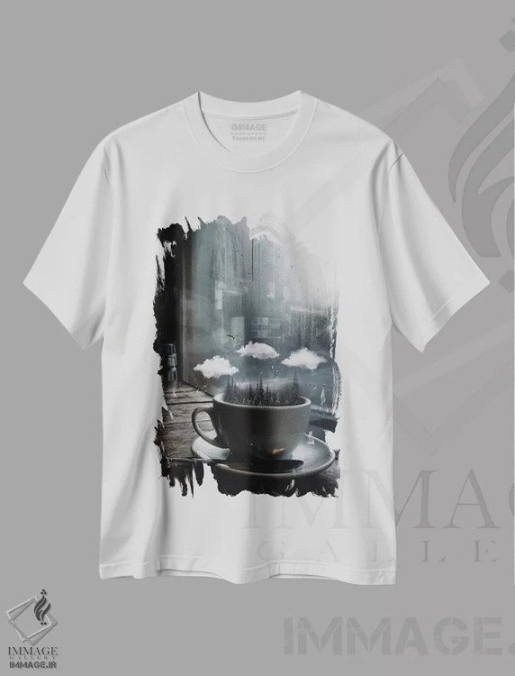 تیشرت سفید طرح دار فنجان قهوه از طبیعت جنگل، عکاسی ترکیبی اثر جن زد | فروشگاه ایماژ