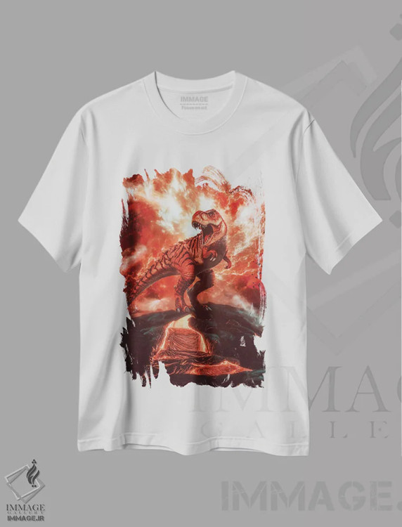 تیشرت سفید طرح دار انفجار آتشفشانی و تیرکس، عکاسی ترکیبی اثر جن زد | immage.ir