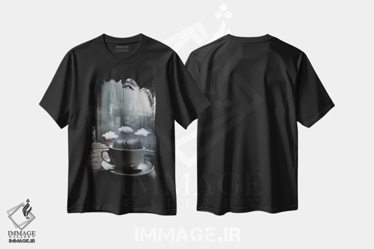 تیشرت مشکی طرح دار فنجان قهوه از طبیعت جنگل، عکاسی ترکیبی اثر جن زد | immage.ir