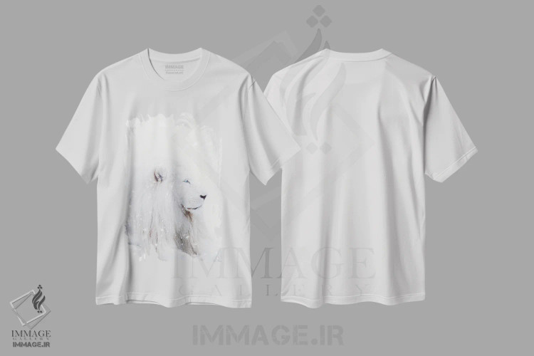 تیشرت سفید طرح دار شیر سفید، شاه زمستان زیر برف، عکاسی ترکیبی اثر جن زد | immage.ir